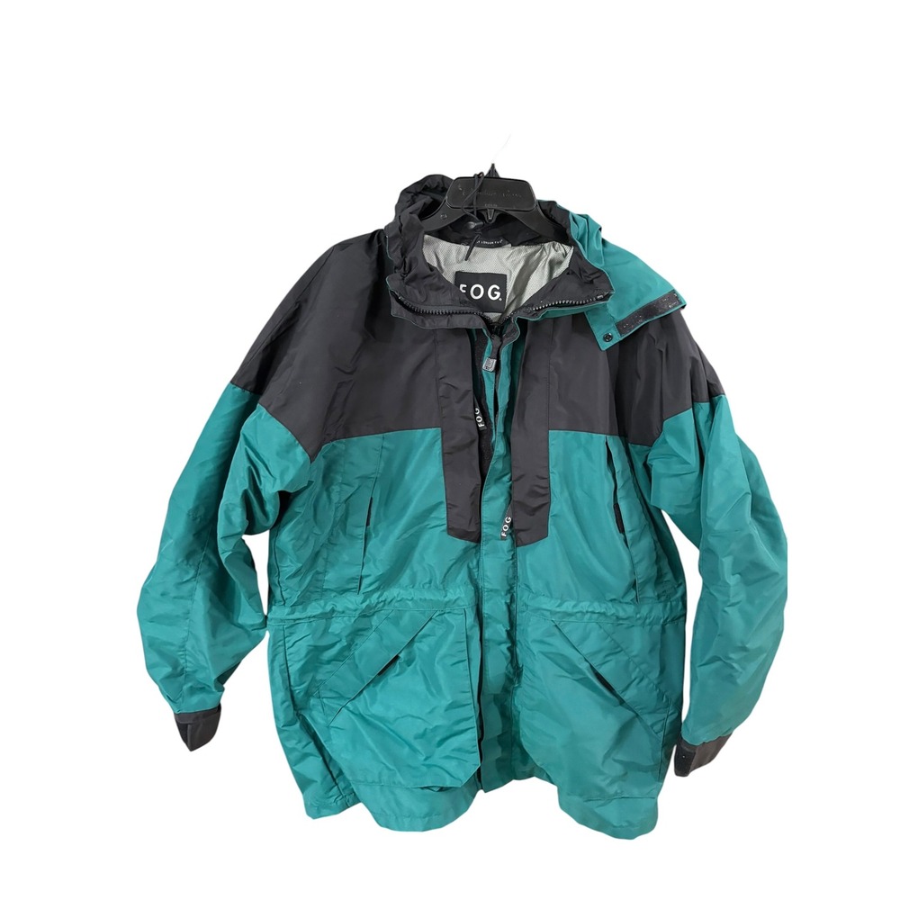FOG by London Fog Mens Large Teal Black Colorblock Hooded Parka Ski Jacket Coat